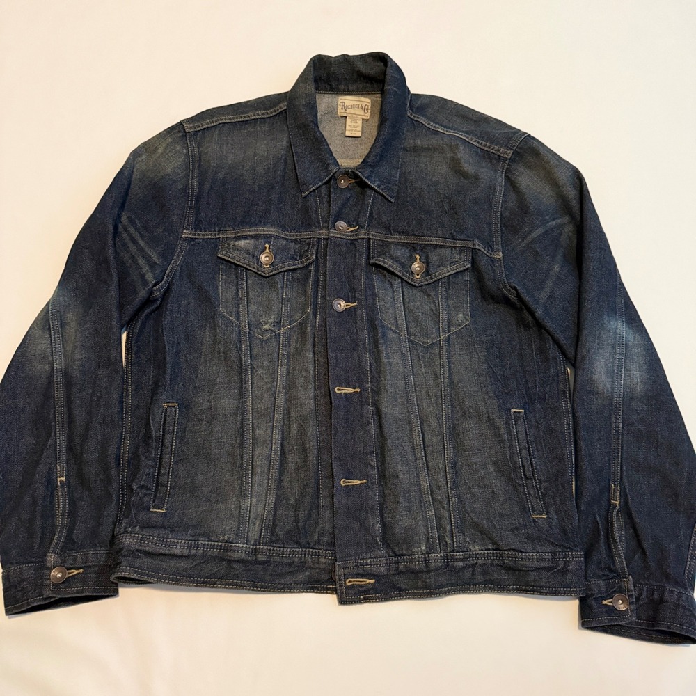 Y2K Roebuck & Co Denim Jacket Mens XL Dark Wash Whiskered Trucker Workwear
